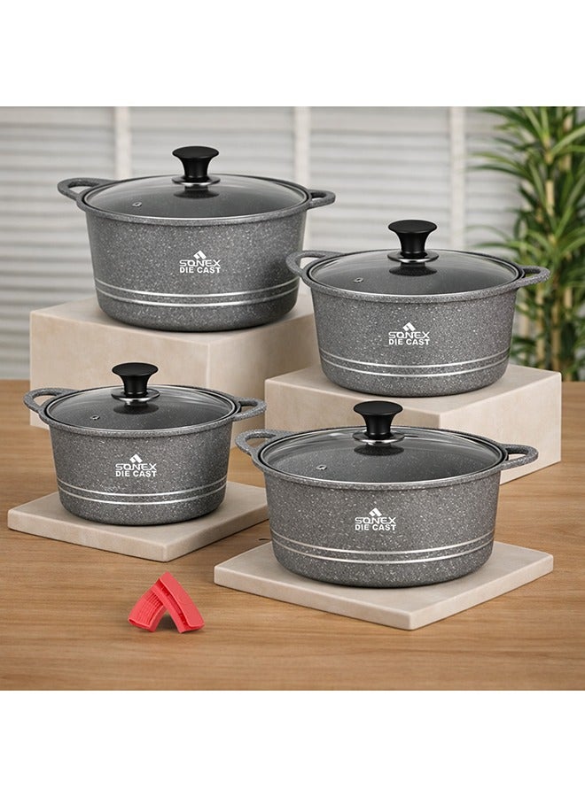 Sonex Diecast Eden King Non-Stick Cookware Set, 10-Piece, Glass Lids & Silicone Holders, 3L-13L, Advanced Korean Diecast Technology, Marble Non-Stick Coating, Dishwasher Safe, PTFE & PFOA-Free, Grey - Image 2